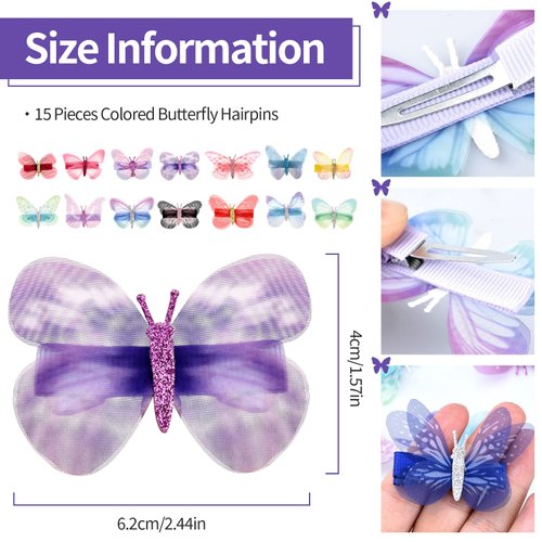 SiaCroly Butterfly Hair Clips, 15 Pieces Hair Clips Glitter Barrettes Butterfly Snap Hairpin for Kid, Girl, Women, Colour Hair Accessories