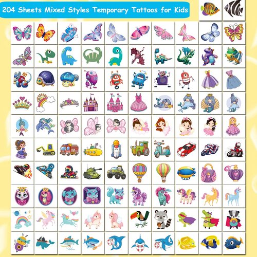 CHARLENT 204 PCS Individually Wrapped Temporary Tattoos for Kids - Fun Tattoos for Boys Girls Birthday Party Favors Goodie Bag Fillers