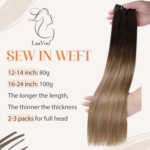 LaaVoo Ombre Weft Hair Extensions Human Hair 16 Inch Sew in Hair Extensions Ombre Brown to Ash Blonde Hair Extensions Sew in Remy Human Hair Hand Tied Hair Extensions 100 Grams