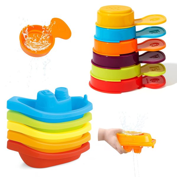 BYKASIST Bath Toys Floating Boats with Bathing Spoon, 11 Pack Water Table Bath Toys for Babies 6-12 Months/Kids Ages 1-3, Baby Bathtub Pool Beach Toys, Stackable Toys for Learning