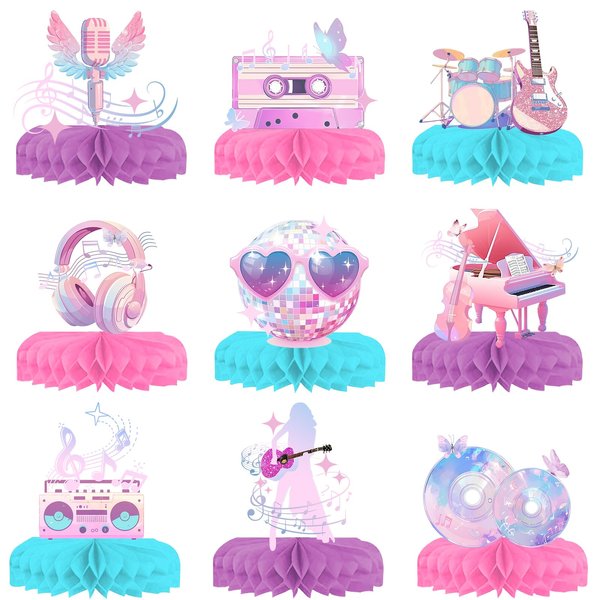 9 Pcs Music Themed Birthday Party Decorations Popular Star Guitar Honeycomb Centerpieces for Tables Decor for Girls Fans Party Supplies