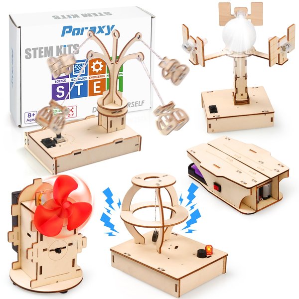 Poraxy STEM Kits for Kids Ages 8-10-12, 5 Set Wooden 3D Puzzles, Educational Science Experiment Building Projects Crafts, Toys for Ages 8-13, Birthday Gifts for Boys Girls 7 8 9 10 11 12 13 Years Old