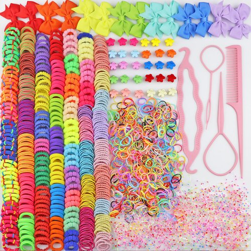 1225Pcs+ Baby Girls Hair Ties Seamless Cotton Elastics Hair Bands Colorful Mini Rubber Tie Butterfly Hair Clips Flower Claws Assorted Ponytail Holders Soft for Thin Hair Braids Kids Toddler Little One