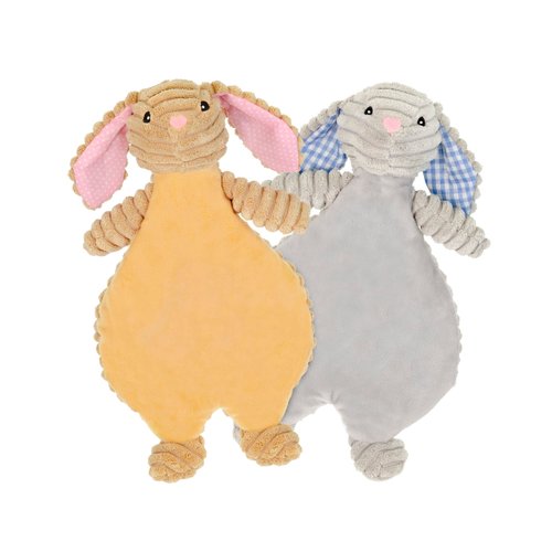 Giftable World 12 Inch Plush Pet Toy Corduroy Bunny Flattie with Squeaker and Crinkle Tan & Gray Dog Chew Toy