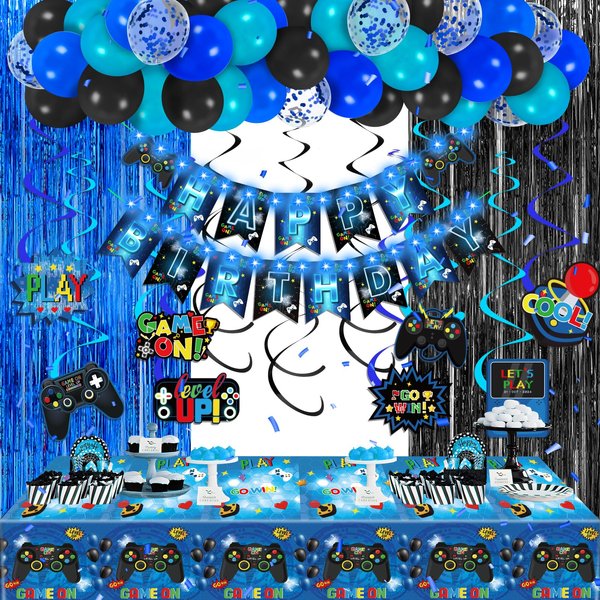 Blue Black Video Game Party Decorations Game Theme Happy Birthday Banner Hanging Swirls Balloons Garland Arch Foil Curtains Backdrops Tablecloth Kit for Kids Game Controller Birthday Supplies Decor
