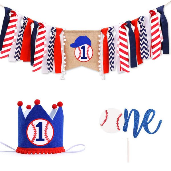 1st Birthday Decoration High Chair One Banner, Handmade Baseball First Birthday Party Supplies Burlap Highchair Banner and One Cake Topper One Hat,1st Birthday Banner For Baby Shower
