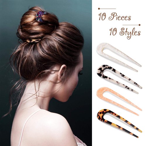 10 Pieces U Shaped Hairpin French Hair Pin Chignon Pin Hair Fork Sticks Celluloid Acetate Tortoise Shell Hair Pin Updo for Women Girls