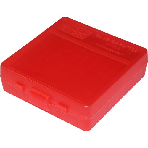 MTM P-100-9-29 Ammo Box 100 Round Flip-Top | Fits 9mm, 380 ACP | Easy to grip | Stackable, Snap Lock Latch | USA Made | Clear Red