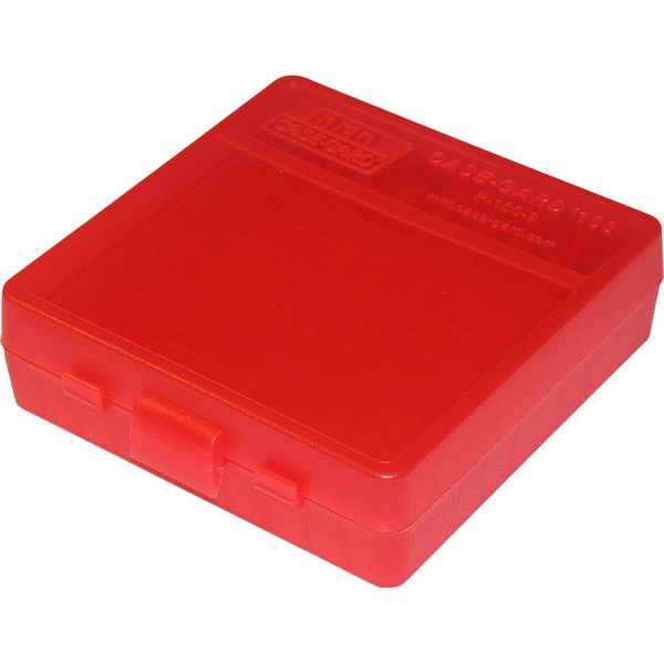 MTM P-100-9-29 Ammo Box 100 Round Flip-Top | Fits 9mm, 380 ACP | Easy to grip | Stackable, Snap Lock Latch | USA Made | Clear Red