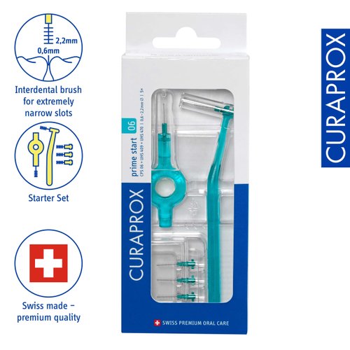 Curaprox CPS 06 Prime Start Interdental Brushes Set, 5 interdental Brushes CPS 06 Prime + 1 Holder UHS 409 + 1 Holder UHS 470, 0.6 mm to 2.2 mm, Turquoise