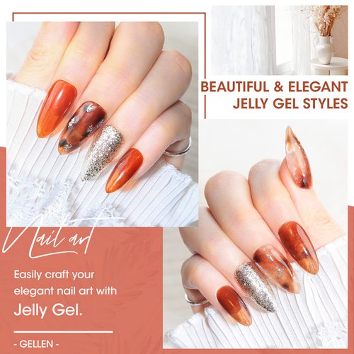 Gellen Jelly Gel Nail Polish, Translucent Gel Polish Kit Sheer Amber Tones Brown Milky White Glitter Gold, Trendy Home Salon DIY Nail Art Gel Nail Kit