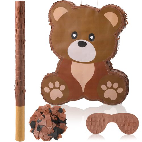 Seematn Bear Piñata Birthday Party Decorations Animal Themed Birthday Party Supplies with Blindfold Stick and Confetti for Girls Boys Kids