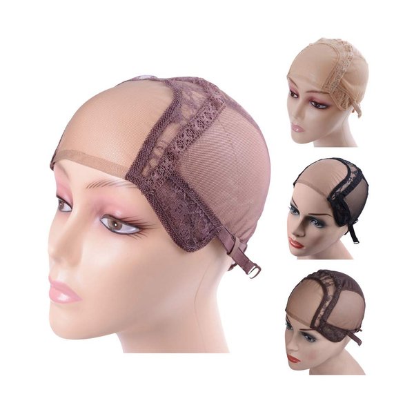 YANTAISIYU 4X4 Inch U Part Swiss Lace Wig Cap for Making Wigs with Adjustable Straps on the Back Glueless Hairnets (Brown M)