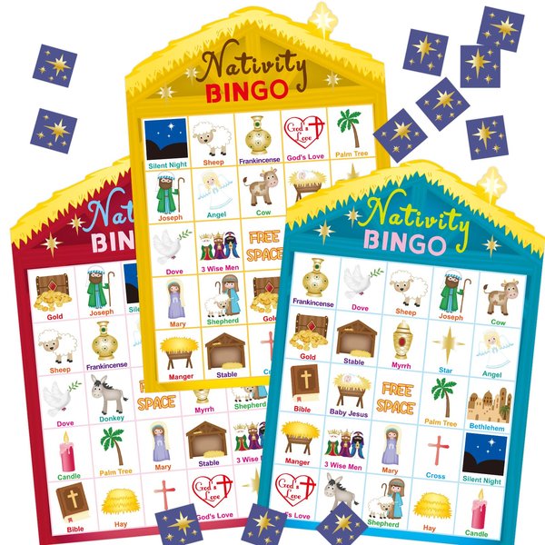 Fancy Land Nativity Bingo Game for Kids 24 Players Christmas Stable House Christain Bingo Game Holiday Religious Party Activities VBS