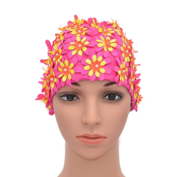 Medifier Swim Cap Floral Petal Retro Style Bathing Caps for Women Rose Pink