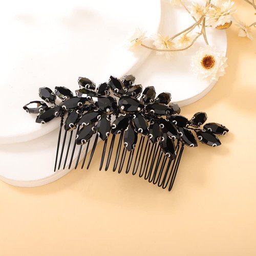 Teyglen Hair Comb, Crystal Bride Wedding Hair Comb Full Black Rhinestone Side Comb Bridal Hair Piece Accessories for Bride Women Girl (Black, 11 * 6 cm / 4.33 * 2.36 inches)