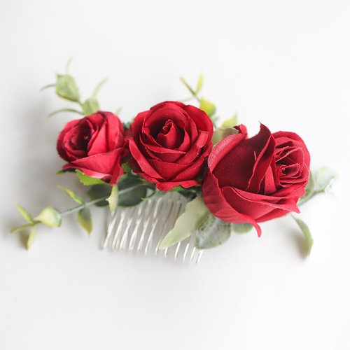 Fangsen Wedding Boho Red Rose Buds Flower Hair Clips Floral Comb With Hair Piece and Hair Vines for Brides and Bridesmaids Silver