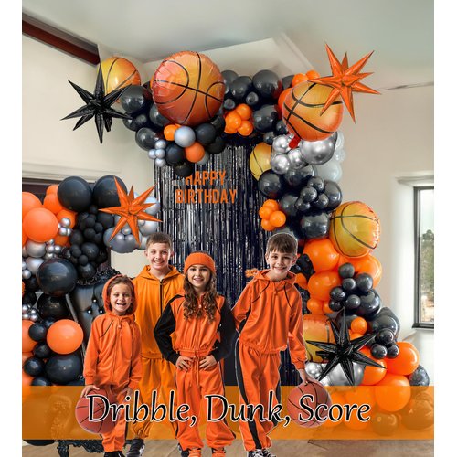 Fall Balloon Garland Arch Kit, 124pcs Orange Black silver with mylar Foil Star Basketball Balloons for 1st Birthday Party Baby Shower Sports Basketball Theme Supplies Decorations