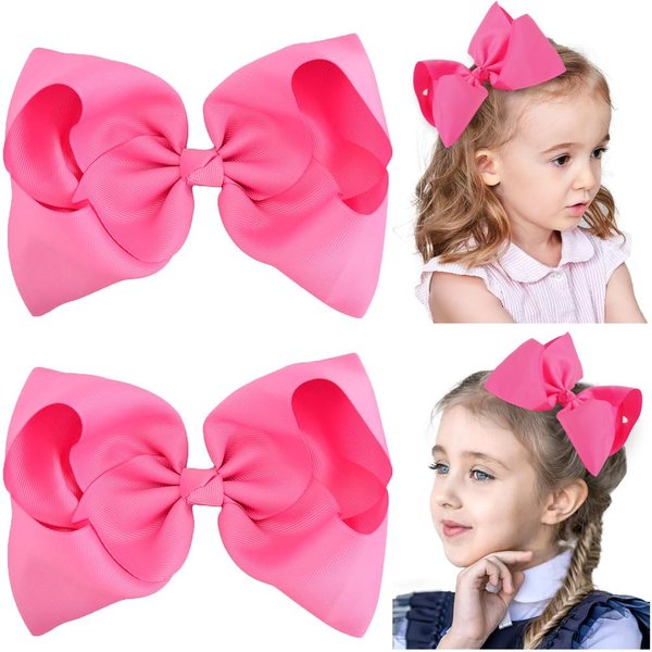 2PCS 8" Big Hair Bows for Girls Alligator Clips Grosgrain Ribbon Hair Accessories for Little Teen Toddler Girls Kids (Pink)