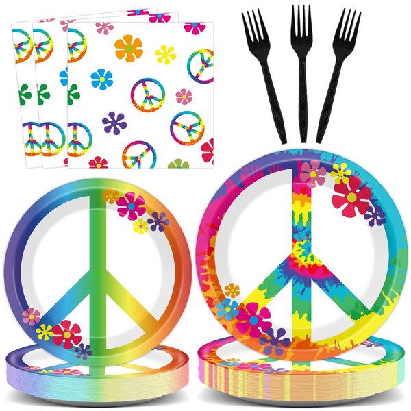 96 PCS 60's Hippie Party Supplies for 24 Guests Groovy Tie Dye Birthday Tableware Set Plates Napkins Retro Peace Sign Flower Party Decorations for Girls Carnival Baby Shower Party Favors