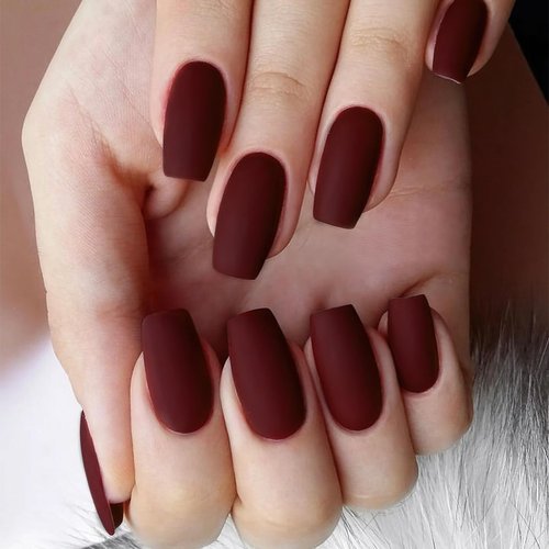ZASKHLD Wine Red Press on Nails Medium Long Coffin Fake Nails Matte Red Full Cover Glue on Nails Pure Color Reusable False Nails Natural Stick on Nails for women girls Acrylic Nails Decorations 24Pcs