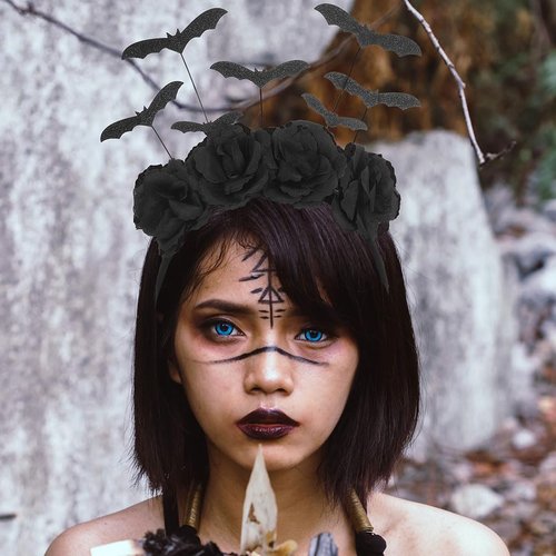 Jovono Halloween Headband Black Bat Headbands Flower Hair Band Party Costume Hair Accessories for Women and Girls(1Pcs)