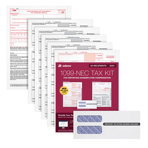 Adams 1099 NEC Forms Kit 2023, 5 Part Laser 1099 Forms with Self Seal 1099 Envelopes, for 50 Recipients, Includes 3 1096 Tax Forms (TXA2250NEC-23)