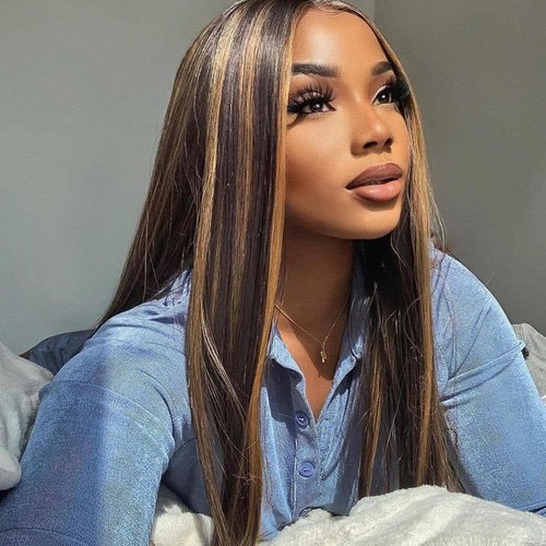Aivilia Brown Wig With Highlights, 13x4 Synthetic Glueless Lace Front Wigs for Women, Heat Resistant Silk Straight 24 inches Long Hair Wig with HD Lace