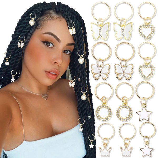 NAISKA Gold Butterfly Braid Accessories Star Hair Jewelry for Braids Locs Dreadlock with Crystal Rhinestone Hair Cilps Cuffs Charms Shiny Hair Rings Jewelry Decoration for Women and Girls(12PCS)