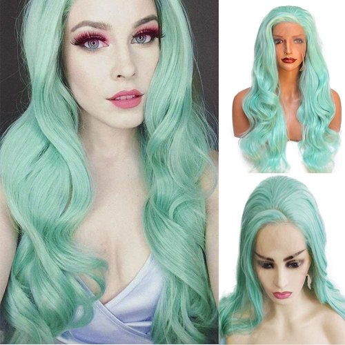 Karissa Hair Green Blue Lace Front Wigs for Women Body Wavy Soft Green Realistic Synthetic Wig with Natural Hairline Ice Green Long Lace Wigs for Cosplay Makeup 24 Inch