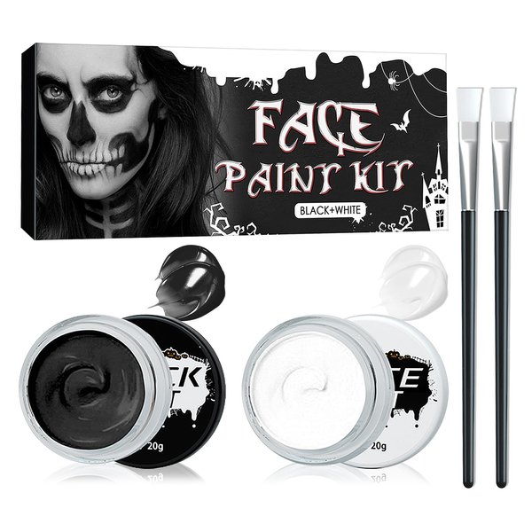 White Black Face Body Paint,Professional Washable Face Painting Kit with Brushes,Waterproof Long Lasting Halloween Cream Face Paint Makeup Kit for Zombie Skeleton Clown Cosplay SFX Stage Art Theater