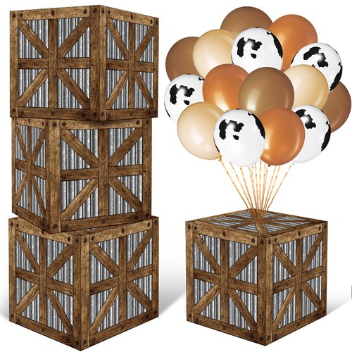 Realspring 16 Pcs Western Cowboy Party Decorations Includes 4 Pcs Wooden Bales Boxes 12 Pcs Cowboy Balloons for Boho Wild West Theme Party Western Farm Birthday Party Baby Shower Supplies