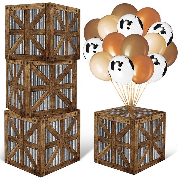 Realspring 16 Pcs Western Cowboy Party Decorations Includes 4 Pcs Wooden Bales Boxes 12 Pcs Cowboy Balloons for Boho Wild West Theme Party Western Farm Birthday Party Baby Shower Supplies