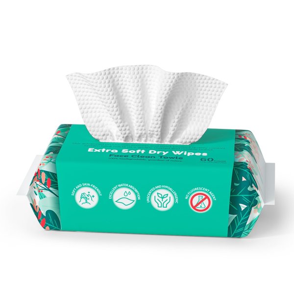 DAFI Disposable Face Towels, Dry Wipes 60 Count, Extra Thick Soft Facial Towels for Sensitive Skin, Makeup Removing, Cleansing, Nursing, Travel, 7×8 Inches