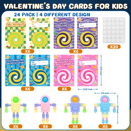 24 Pack Valentines Day Gifts for Kids Classroom Fidget Sensory Spinners Toys Valentine's Day Greeting Cards Valentines Day Exchange Cards Gifts for School Valentine Party Favor
