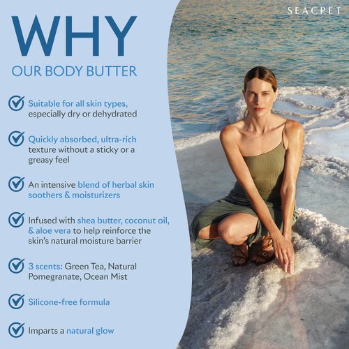 SEACRET OCEAN MIST BODY BUTTER: Hydrating Body Moisturizer Cream with Shea and Cocoa Butter, Vitamins E & C, and Dead Sea Minerals for All Skin Types, 8.5 FL. OZ, Ocean Mist