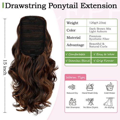 Cephermer Ponytail Extension, 15 Inch Drawstring Ponytail, Dark Brown Mix Light Auburn Wavy Clip in Pony Tails Hair Extensions Natural Looking Synthetic Hairpiece for Women Daily Use party