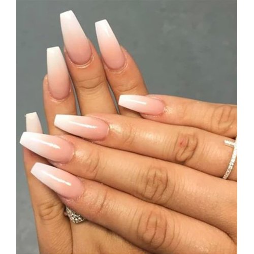 Morily Press on Nails - Pink Ombre Coffin Fake Nails Medium Length, French Tip Glossy False Stick on Fingernails for Women and Girls - 24Pcs in 12 Sizes
