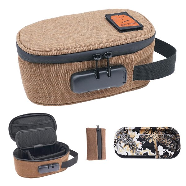 RYO TRUST Smell Proof Bag with Combination Lock, Odor Proof Bag with Metal Tray and Mini Pouch Pocket, Stash Box for Storage and Travel, Portable and Easy to Use, Brown