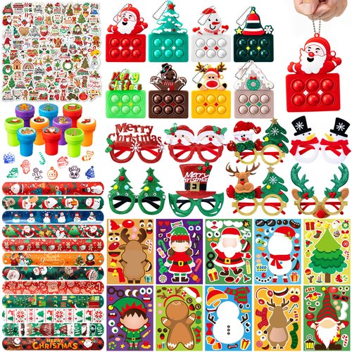 DMIGHT 148 Pcs Christmas Party Favors, Glitter Glasses, Pop Fidget Toys Keychain, Make a Face Sticker, Assorted Stamps Self-Ink Stamper, Slap Bracelet, Christmas Sticker, Christmas Toy Gift for Kid