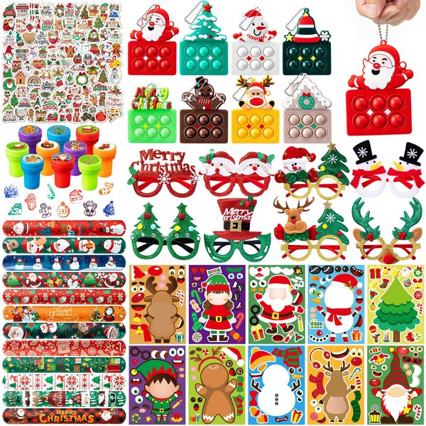 DMIGHT 148 Pcs Christmas Party Favors, Glitter Glasses, Pop Fidget Toys Keychain, Make a Face Sticker, Assorted Stamps Self-Ink Stamper, Slap Bracelet, Christmas Sticker, Christmas Toy Gift for Kid