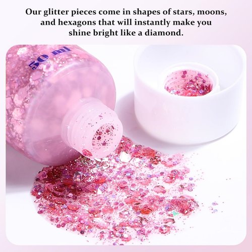 MAEPEOR Face Body Glitter Gel 14 Colors Mermaid Sequins Body Glitter Gel Chunky Holographic Glitter Liquid Body Makeup for Face Body Hair Nails (50ml, F03 Pink)