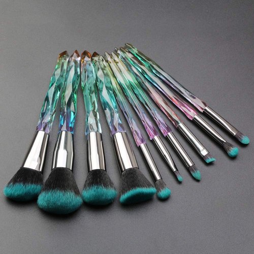 Makeup Brushes Crystal Handle Set, Tenmon 10 PCS Crystal Transparent Handle Kabuki Powder Foundation Brush Concealer Eye Shadow Eyeliner Eyebrow Brush (Green)