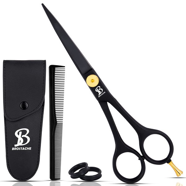 BROSTACHE 6.5" Professional German Hair scissor for Hair Cutting, Men, Women & Children Hairstylists, barber scissors with Long Hair Comb & PU Leather Travel Pouch, Adjustable Screw and Finger Rest