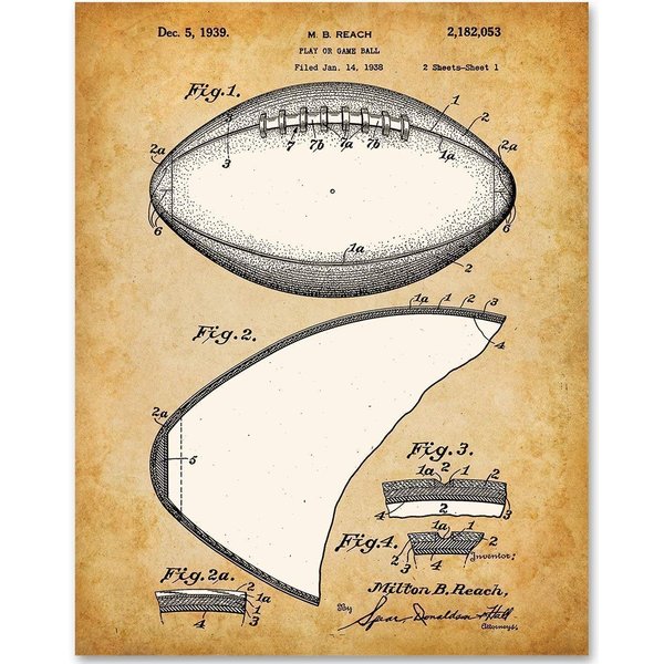 Football Patent - Great for Home and Bedroom Decor, Man Cave Game Room Stuff, Game Ball Sports Poster, Classic Gifts for Football Players Coach and Fans, 11x14 Unframed Patent Print Poster