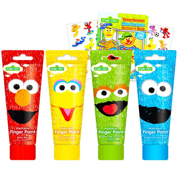 Sesame Street Finger Paint Set for Toddlers Kids - Pack of 4 Classic Colors and Stickers (Elmo Painting)