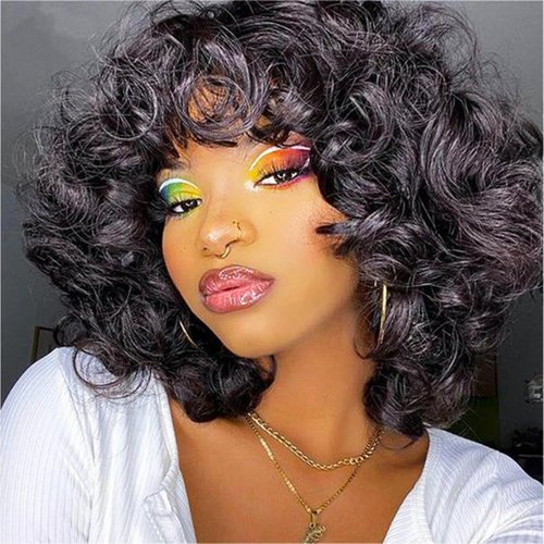 RED PIXIE Curly Wigs For Black Women Natural Black Soft Short Kinky Curly Wig With Bangs Kinky Curls Curly Hair Afro Loose Curls Heat Resistant Synthetic Wig For African (Natural Black)