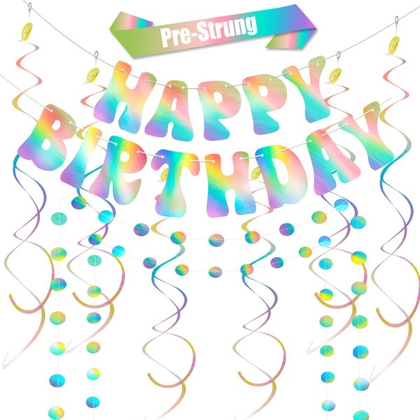 Happy Birthday Banner Iridescent Party Decorations, Fufuddz Funny Birthday Sign, Pre-Strung Holographic Garland & Hanging Swirls Decor for Disco Bachelorette, Girls Women 21st 30th 40th 50th 60s 70s