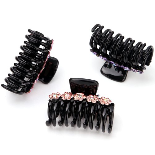 LONEEDY 3PCS Strong Hold Hair Claw Clips, Rhinestone Flower Double Teeth Jaw Clips (Purple + Pink + Gold (Medium))