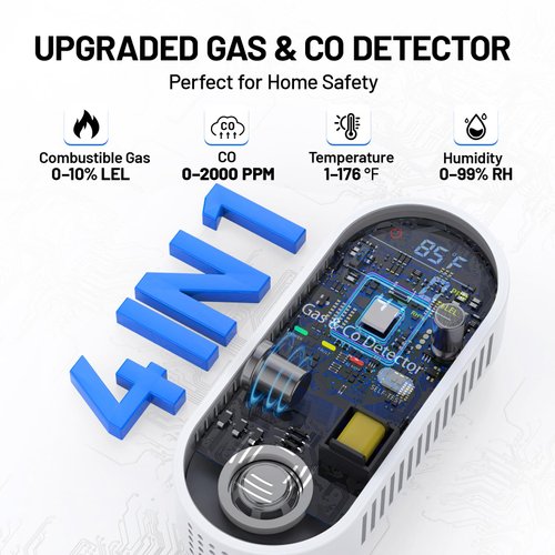Gas & Carbon Monoxide Detectors Plug in, 4-in-1 Portable Natural Gas Leak & Carbon Monoxide Detector with Temperature & Humidity Display, Compact CO Monitor Alarm for Home, RV, Hotel & Travel Use